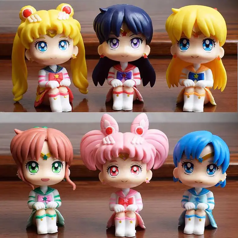 Anime nuevo Sailor Moon Mini figuras Tsukino Usagi Chibiusa Kino Makoto versión Q modelos de postura sentada estatua juguetes regalo de cumpleaños