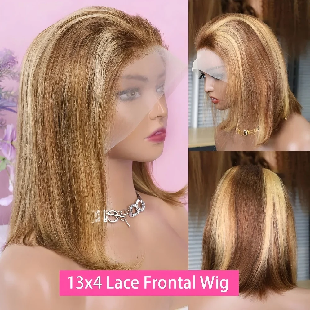 4/27 تسليط الضوء على شعر مستعار بوب شعر الإنسان مستقيم 13x4 Hd الدانتيل شعر مستعار أمامي 200% الكثافة قبل قطعها أومبير العسل شقراء قصيرة بوب الباروكات