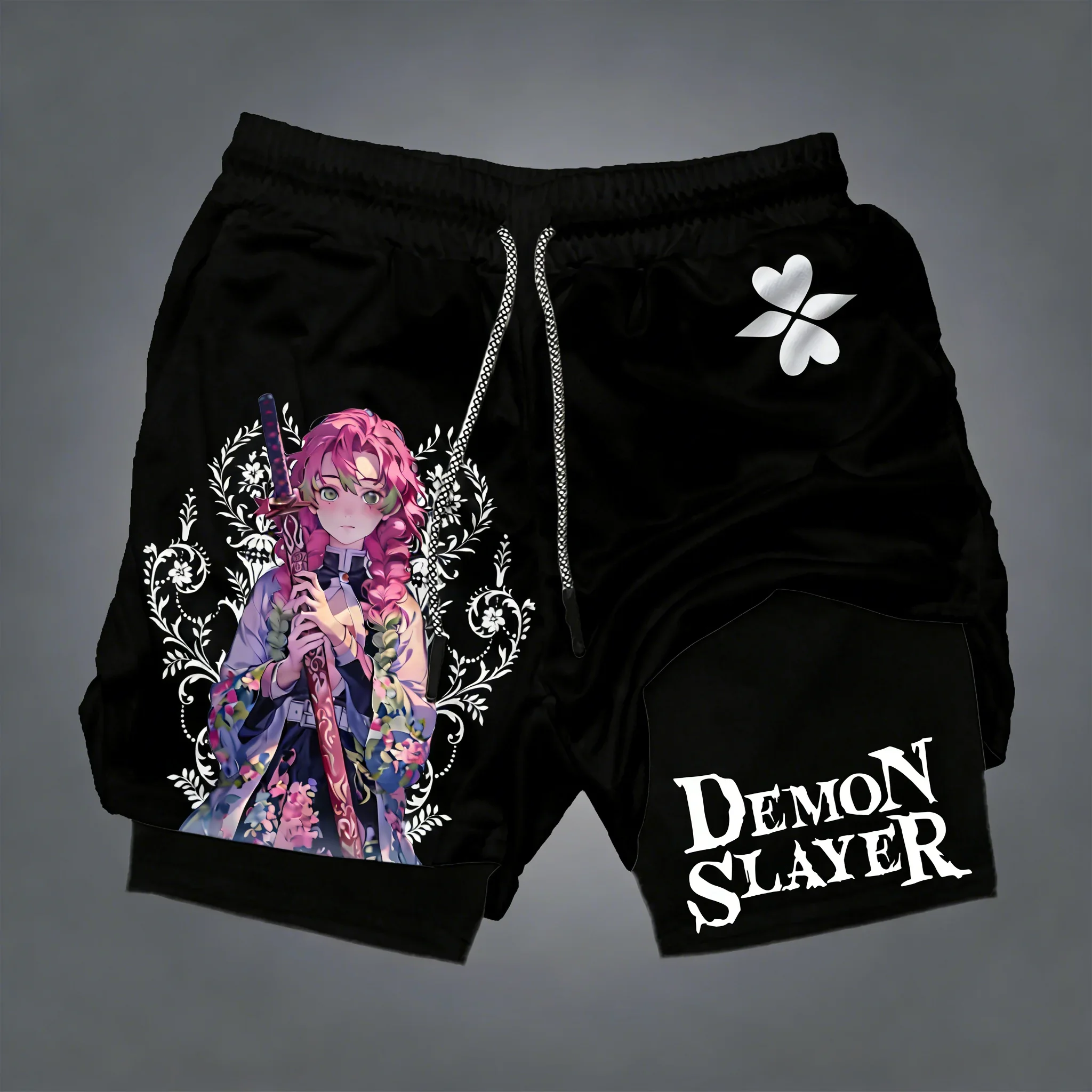 

Мужские летние шорты Demon Slayer, новые спортивные шорты Kanroji Mitsuri с аниме-принтом, быстросохнущие, дышащие, 2-в-1, для фитнеса