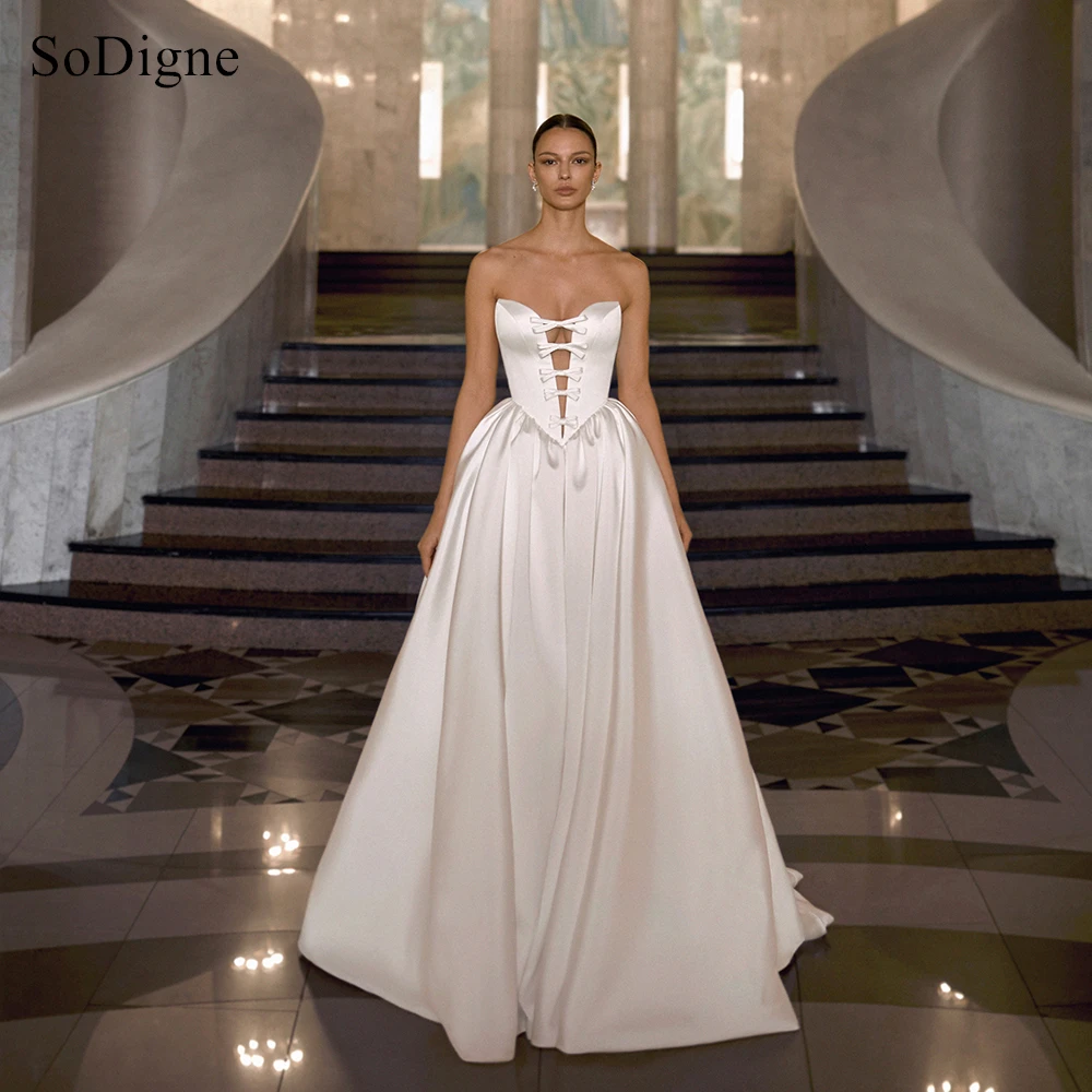 

LORIE Modern Satin Wedding Dresses Bow Cut-out Strapless Sleeveless Bride Prom Gown Simple Draped A-Line Bridal Gowns Customized