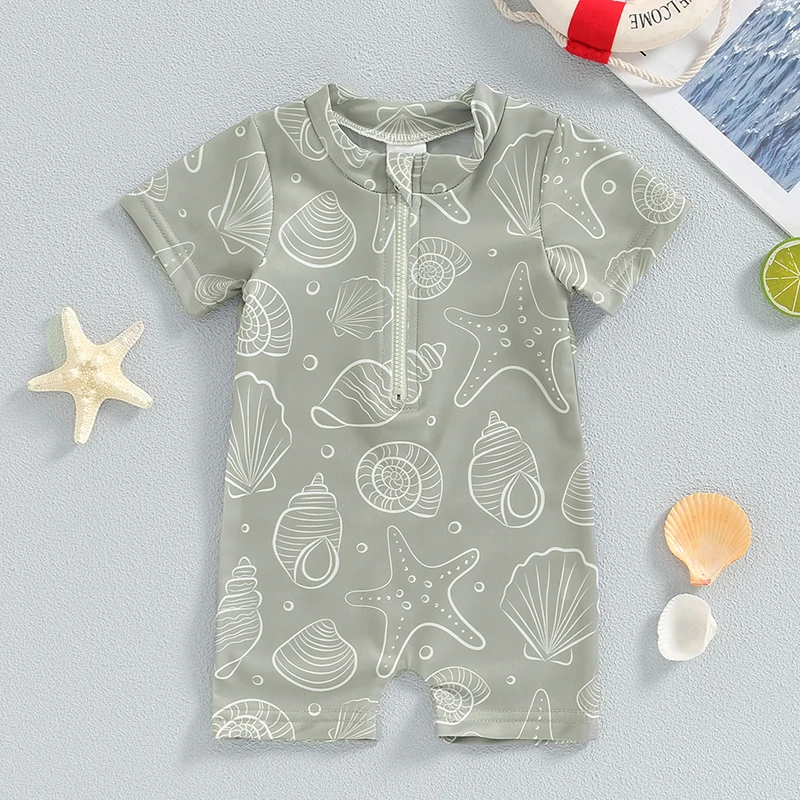 Kids Boys Summer Swimwear Casual Sea Element Prints Zipper Short Sleeve Monokini Swimsuit Beachwear Bathing Suit