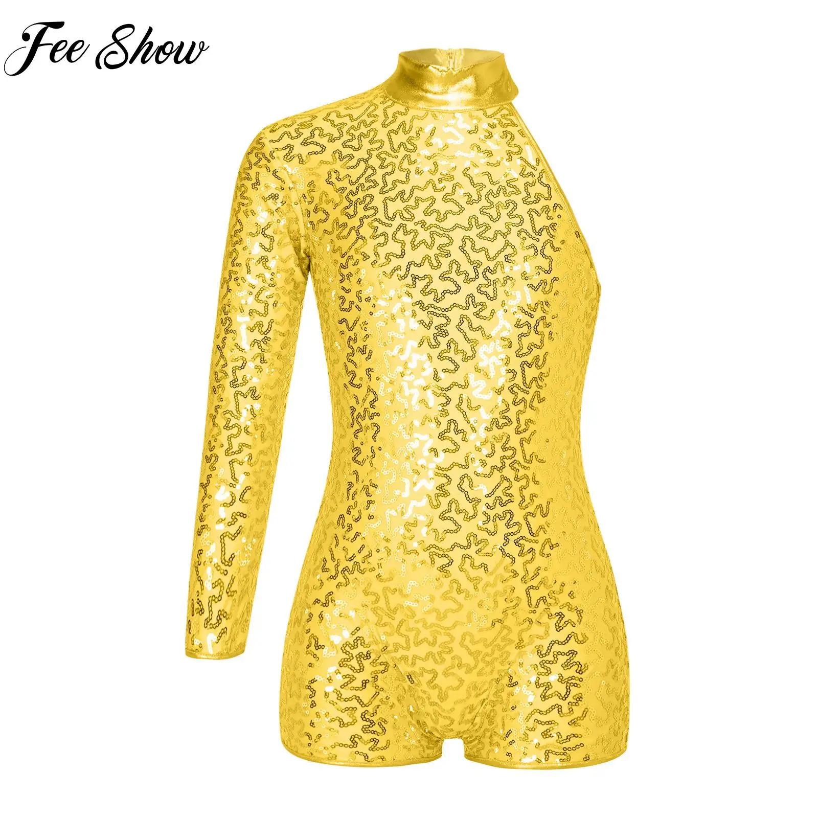 

Teens Shiny Sequins Jazz Hip-pop Street Modern Dance Gymnastics Leotard Girl Single Long Sleeve Ice Skating Performance Bodysuit