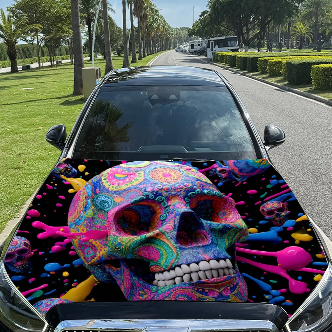 

Ink - Splashing Style Colorful Skull Pattern car hood stickers, waterproof self-adhesive, scratch resistant, easy to stick, dura