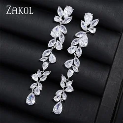 ZAKOL Luxury Leaf Cubic Zirconia Long Tassel Dangle Earrings for Women Trendy Female Bridal Wedding Jewelry Bijoux