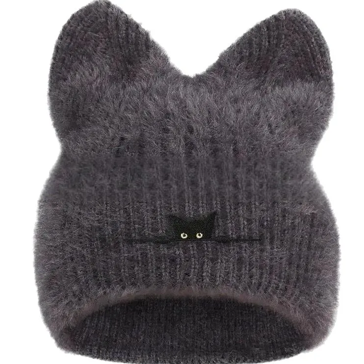 Gorro cálido de invierno con orejas de gato para mujer, gorro de punto de felpa de gran tamaño, lindos regalos Kawaii para niñas de cabeza grande