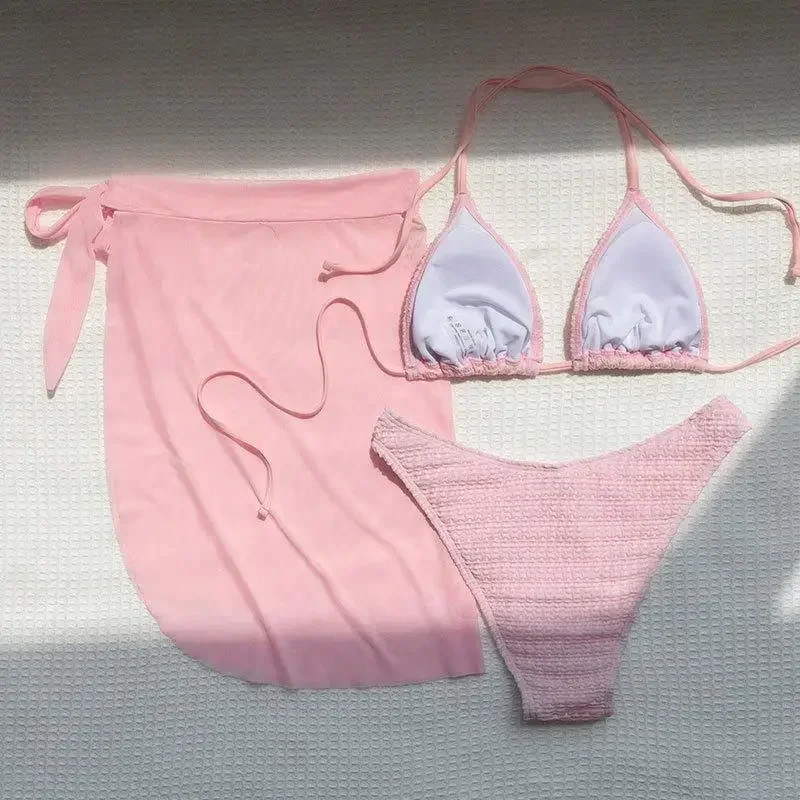 Rosa einfarbiger 3-teiliger Badeanzug für Damen, 2023, Sommer, Strandrock, Bikini, V-Ausschnitt, Neckholder, rückenfrei, Badeanzug, Sommer-Strandbadebekleidung