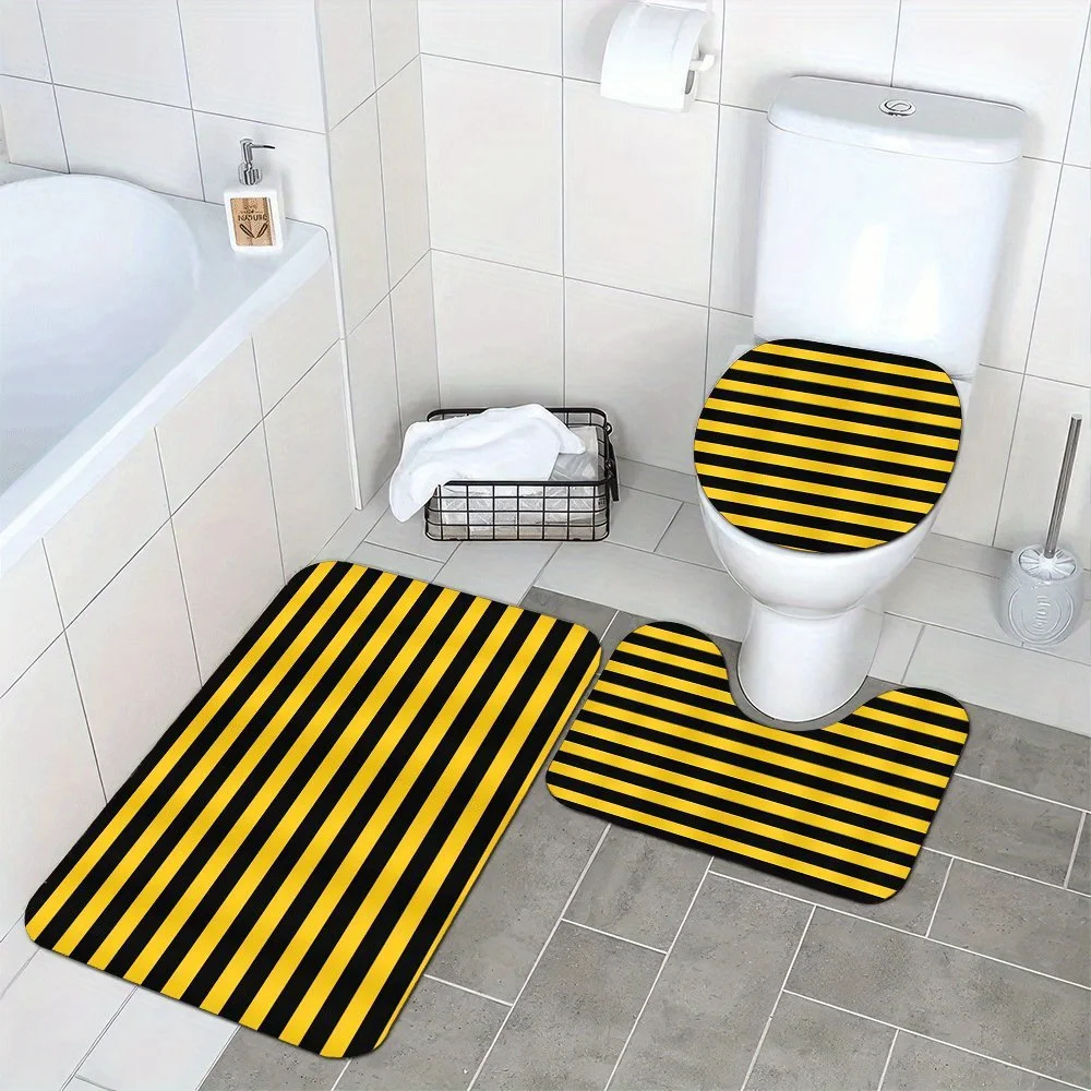 

3pcs Soft & Absorbent Plush Bath Mats Non-Slip, Washable, Comfortable, Black And White Stripes with A Yellow Accent Bath Blanket