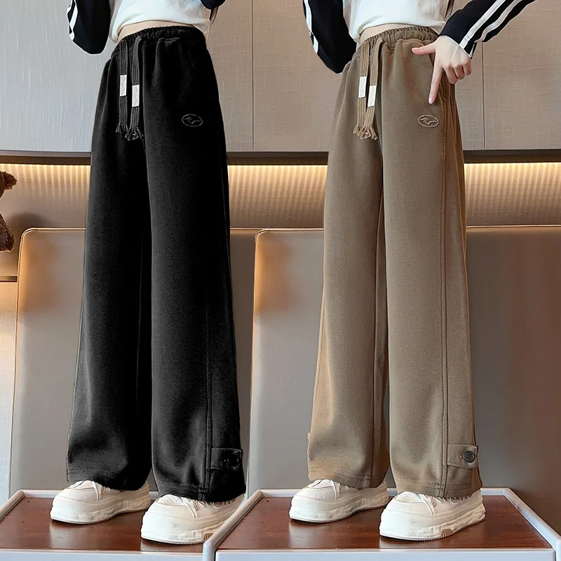 

New Style Teenage Girls Autumn Winter Fleece Lined Wide Leg Pants Thick Straight Tube Long Trousers for Children 4 6 8 10 12 14Y