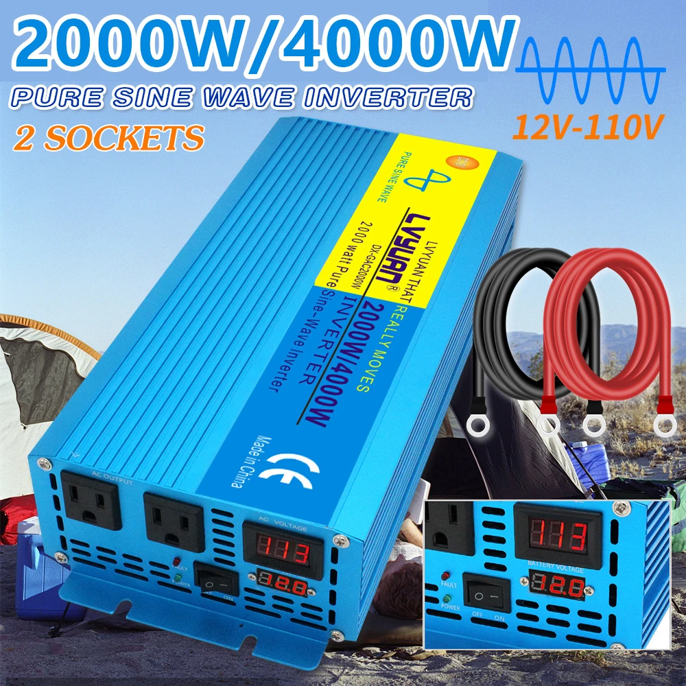 2000W/4000W pure sine wave inverter DC12V/24V-AC110V outdoor caravans powerful DC-AC converter US socket 60Hz