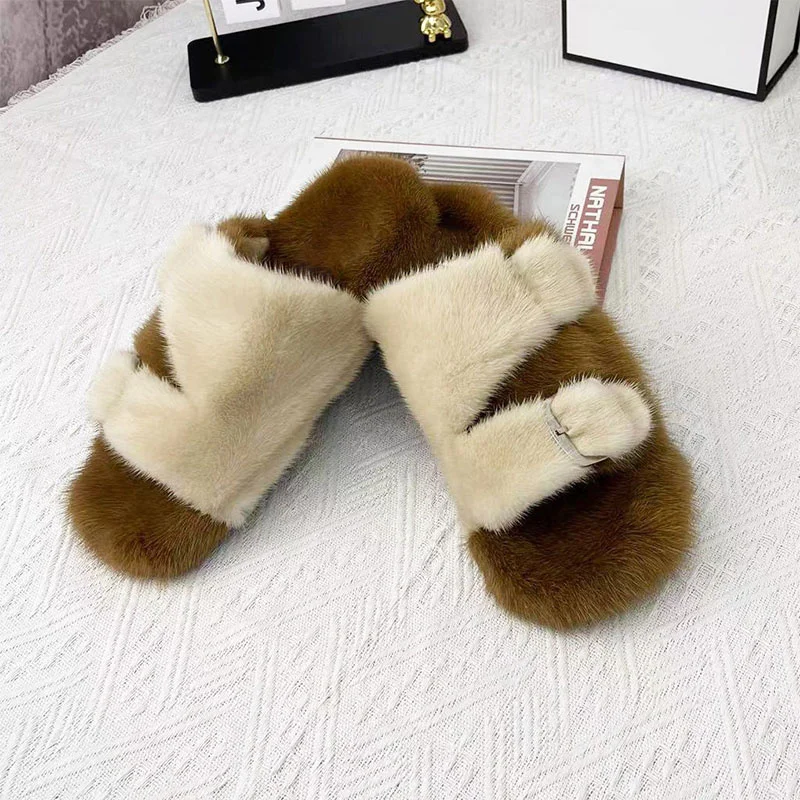 

2023 New Women's Fashion Slippers European Station Winter Thickened Mink Hair Home Warmth Outdoor Flat Bottom Sandals