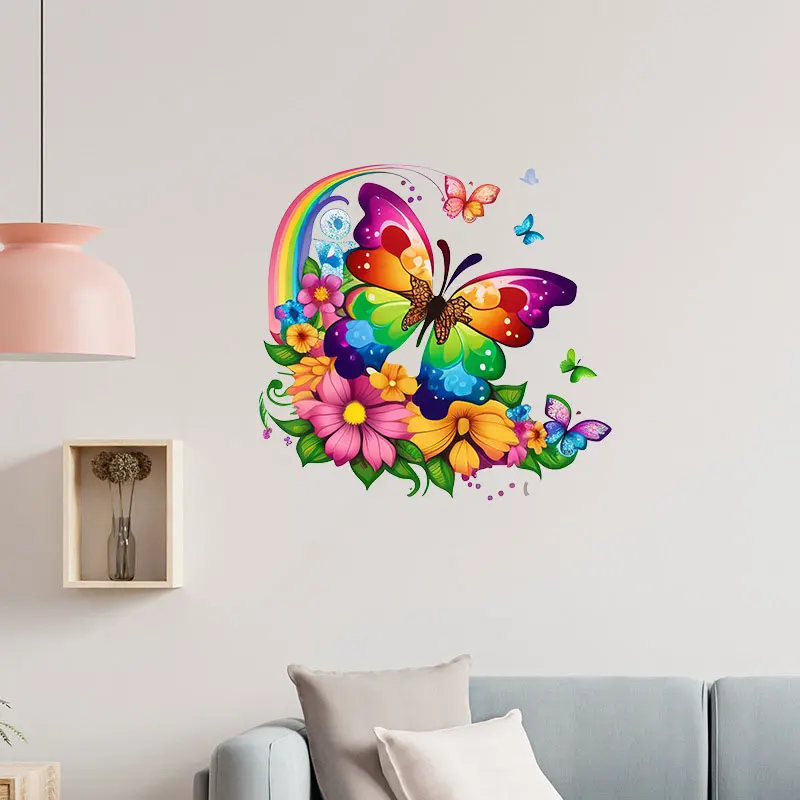 M760 Colorful Butterflies And Flowers Wall Sticker Bathroom Toilet Decor Decals Living Room Cabinet Home Decoration