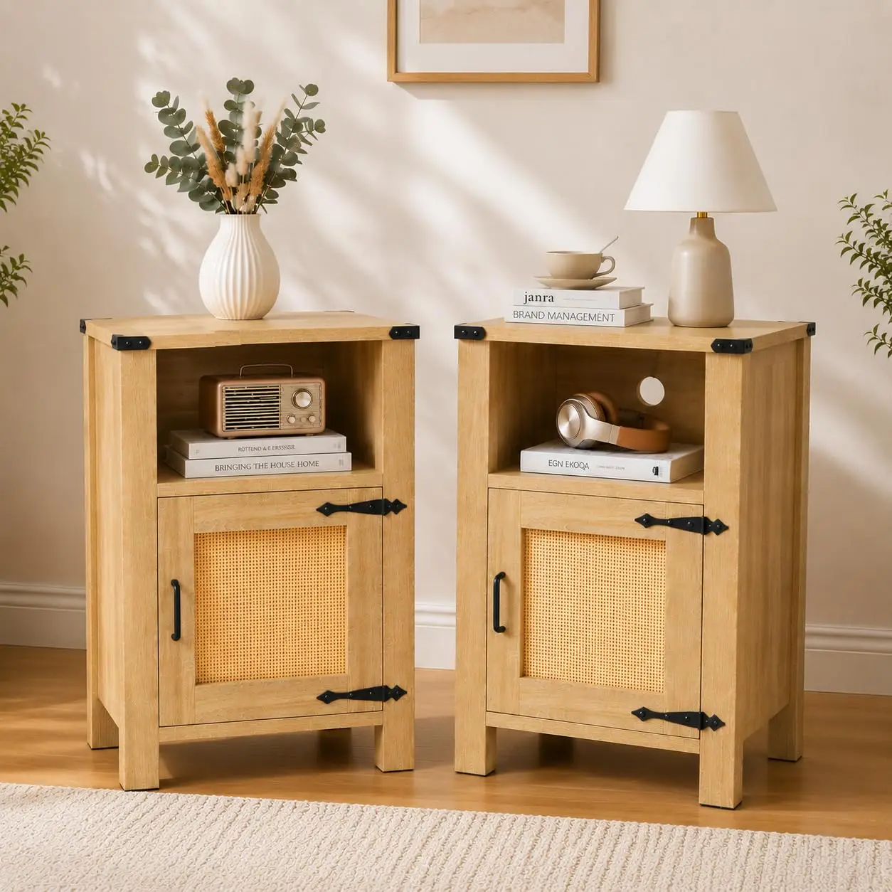 Rattan Nightstand Set of 2 with Cabinet, Boho Farmhouse, Natural | Hand-Woven Rattan Door, Open Shelf & Cord Hole,, Customized