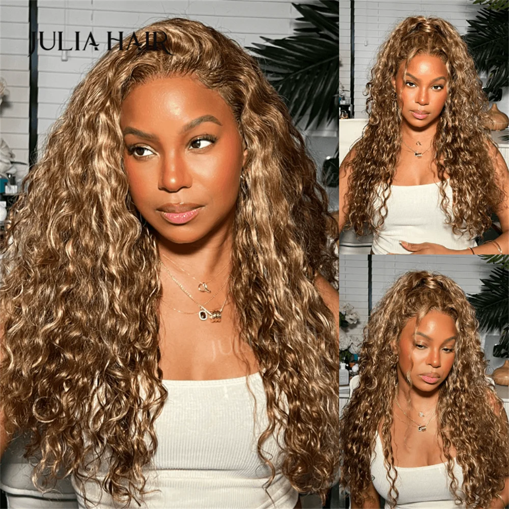 Julia Hair 13x4 Lace Frontal Honey Blonde Highlights Water Wave Pre-Everything Wig 7x5 Glueless Lace Wig With Invisible Knots