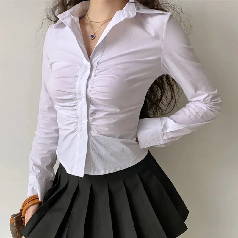 Vintage Pleated Women White Shirt American Long Sleeve Slim Blouse Fall Casual Single Breasted Female Streetwear Retro Tops