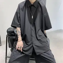 Solid Color Short Sleeve Ice Silk Shirt Tops Men's Trendy Loose Polo Neck Plus Size Casual Blouse Vintage Fashion Men Clothing