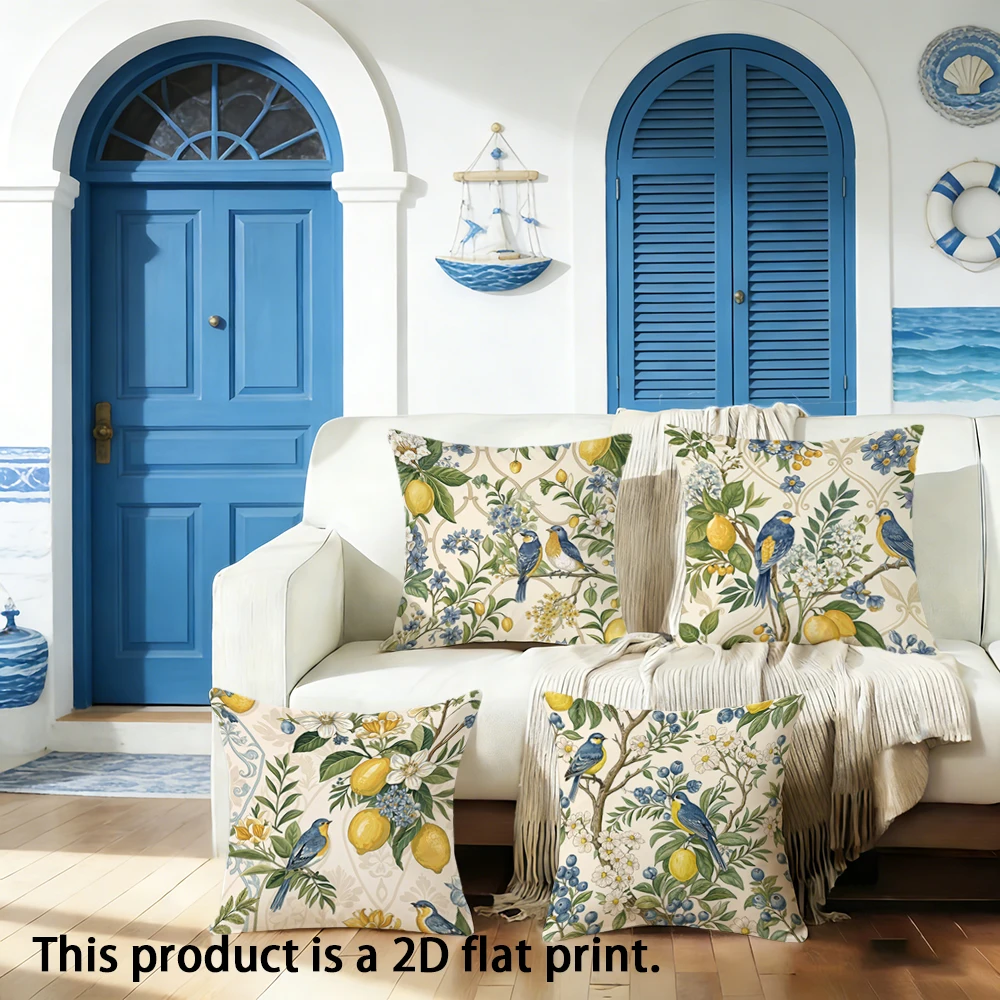 1pc  Vintage Botanical Bird Lemon Floral Throw Pillow Covers 2D Flat Print Cushion Cases for Home Sofa Bedroom