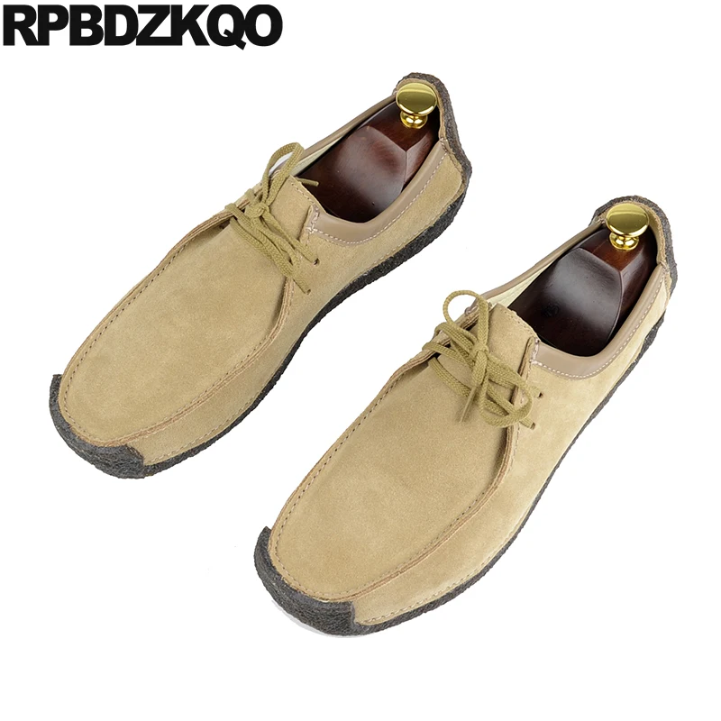 Brown Round Toe Rubber Sole Autumn Nubuck Driving Comfortable Plain Real Leather Solid Men Flats Soft Lace Up Wallabees Shoes