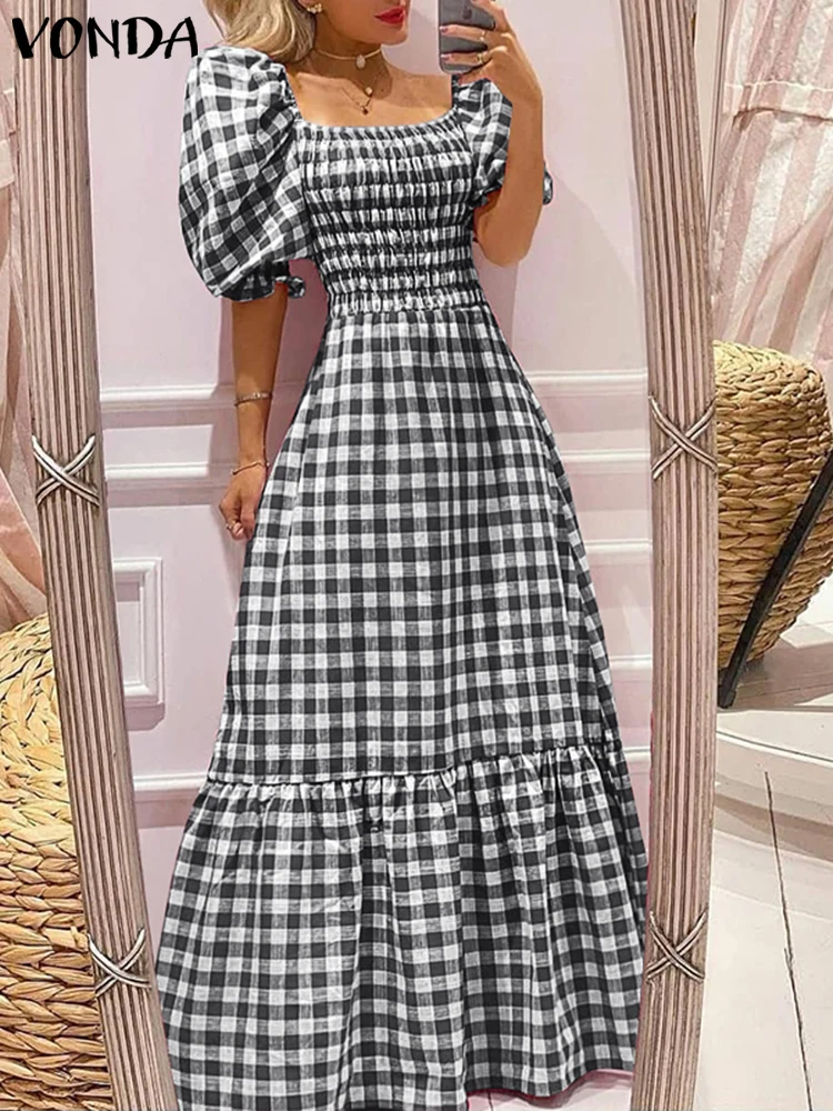 

Women Bohemian Maxi Long Dress 2025 VONDA Summer Sundress Short Puff Sleeve Plaid Casual Sexy Square Collar Party Beach Robe