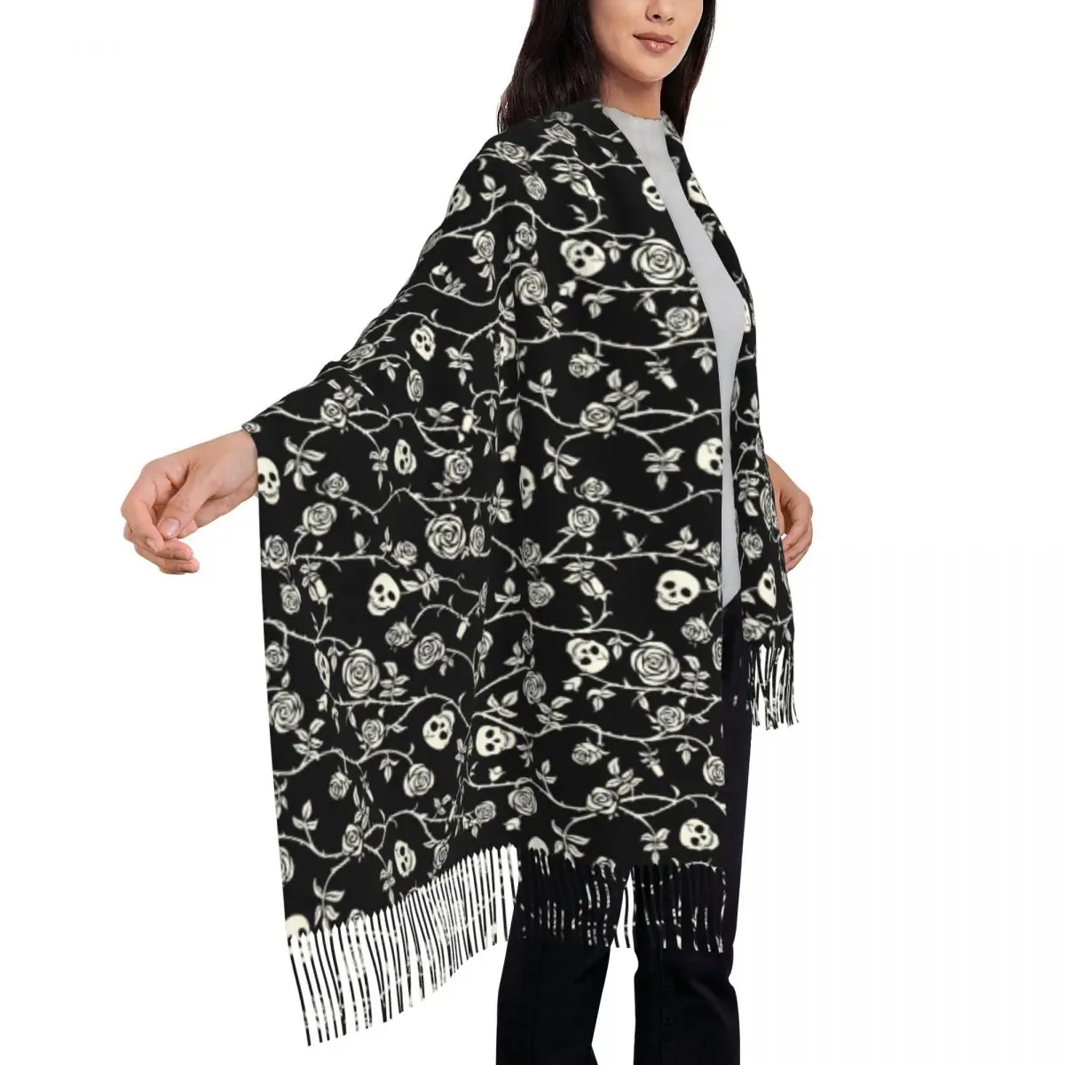 Custom Skull Floral Rose Thorn Gothic Scarf Wrap for Women Long Winter Fall Warm Tassel Shawl Unisex Scarves view 4