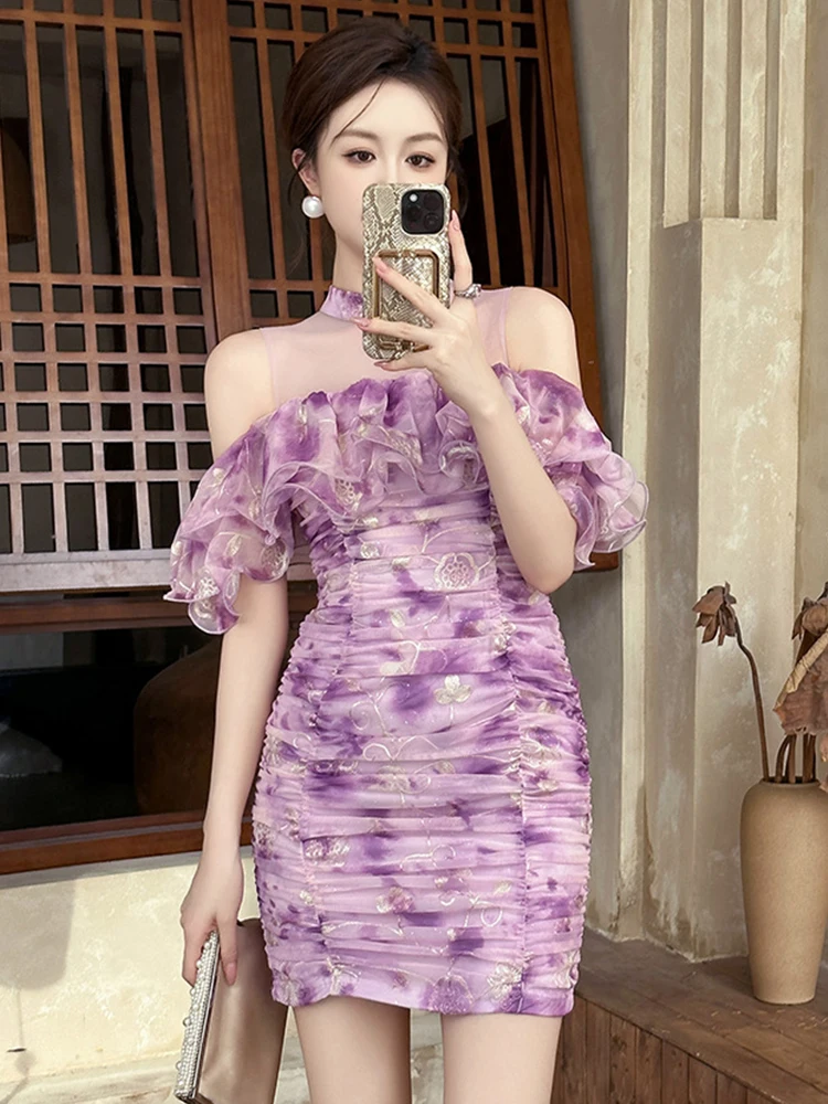 Qipao Mesh Floral Embroidery Short Cheongsam Dress Women Sexy Sheer Off Shoulder Bodycon Folds Gown Party Prom Vestidos Fiesta