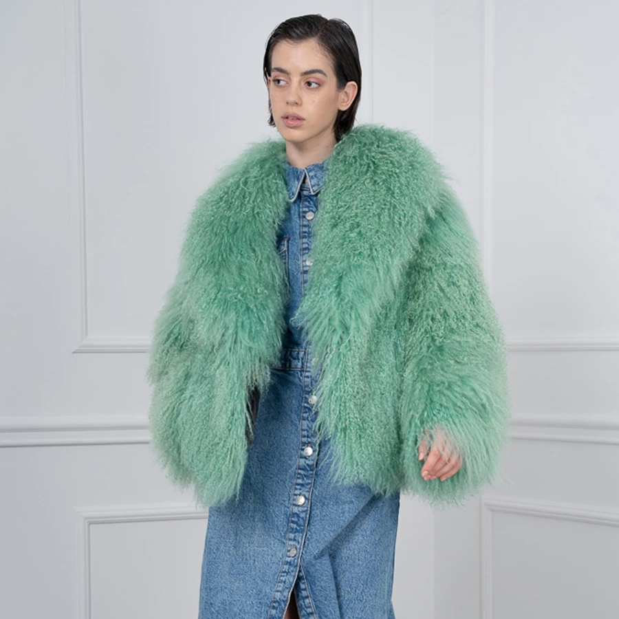 Real Fur Coat Women Mongolian Fur Coat Light Green Sheep Fur Coat Warm Winter Jackets With Shawl Collar 2024 New Fashion Luxury