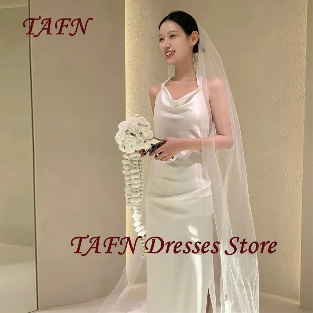 

TAFN Sexy Halter Wedding Dress Korea Photo Shoot Pleated Silk Satin Mermaid Bridal Gown Floor Length Side Slit Customized