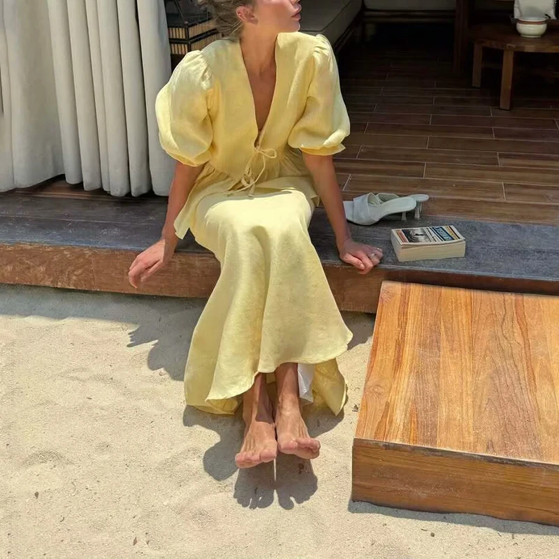 

Women's Cotton Linen Bubble Sve irt And Fi Tail Skirt Two Piece Set V Ne ort Sve Summer New Sle