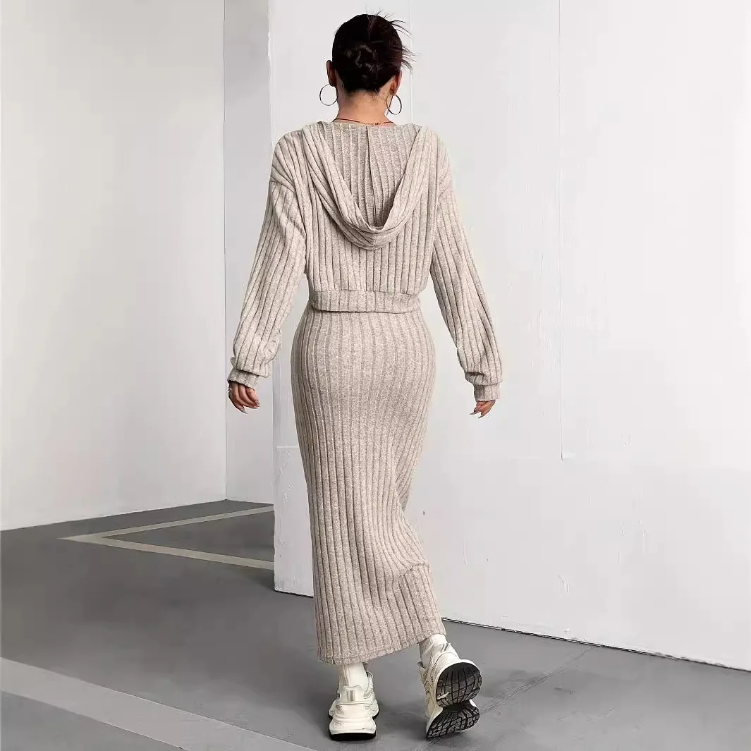 2024 Autumn/Winter New Style Casual Commuting Knitted Long Sleeve Set Hoodie Loose Dress Two Piece Set