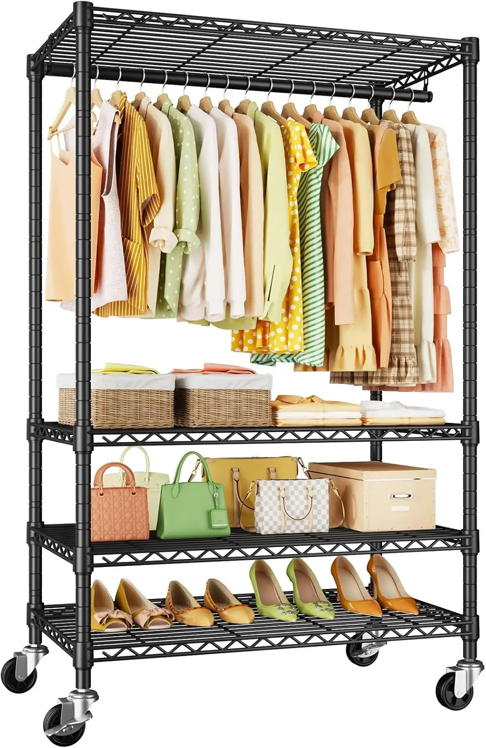 

Heavy Duty Rolling Clothes Rack with 4 Tiers and Wheels, Max Load 445 LBS, Black - Portable Metal Garment Storage