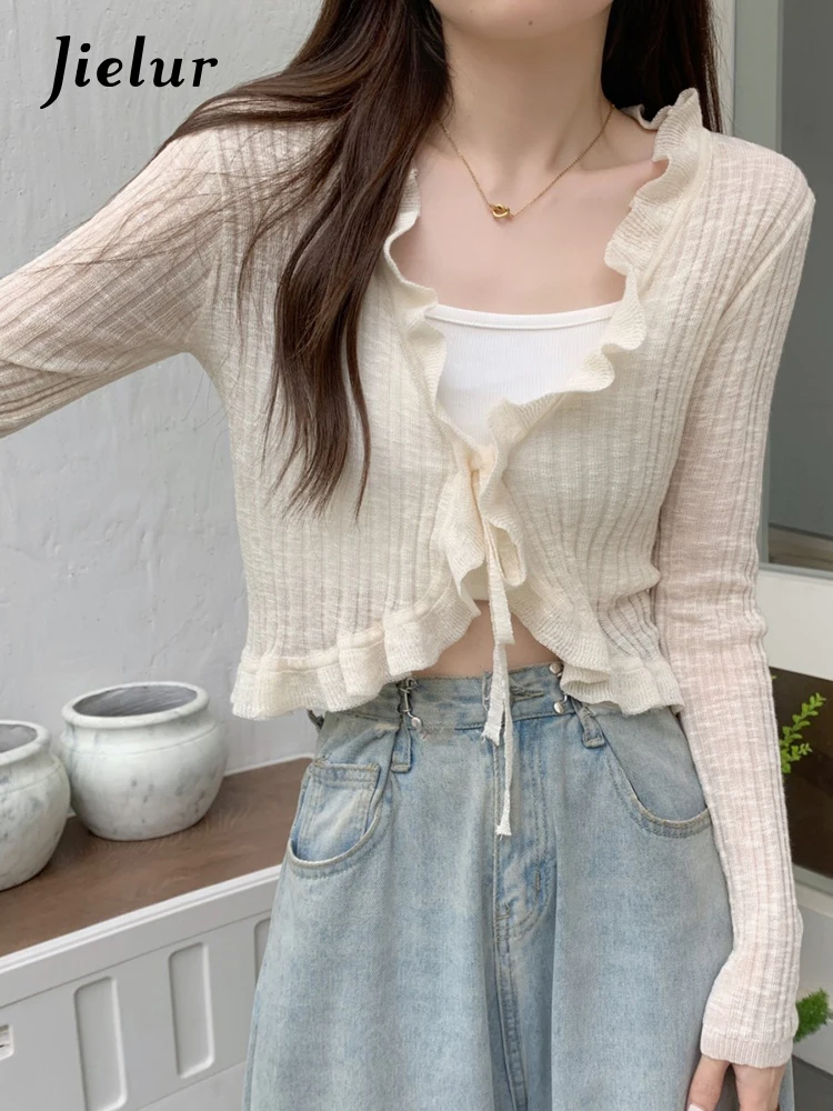 Jielur Autumn New Solid Color Slim Cardigan Woman Sweet Ladies Elegant Cardigan Black Apricot Green White Knitted Cardigan Women