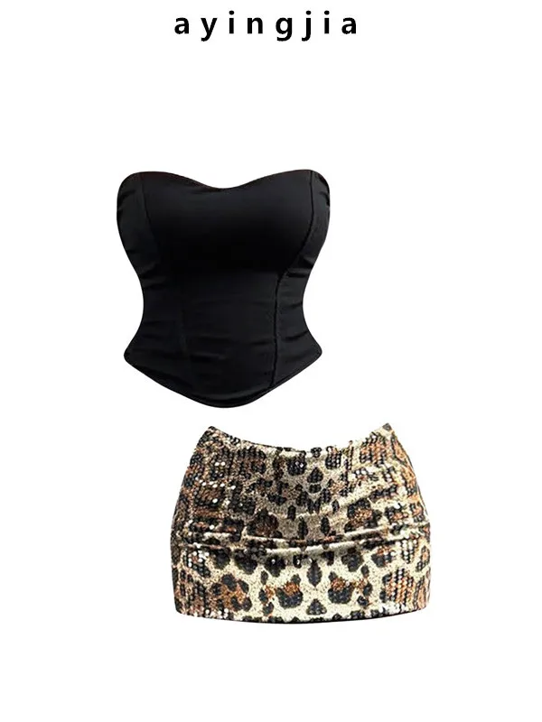 

Trendy Sister Sle Slim Fit Tube Top And Skirt Set for Women Summer Faion plus Size Leopard Print Sexy Girl Outfit