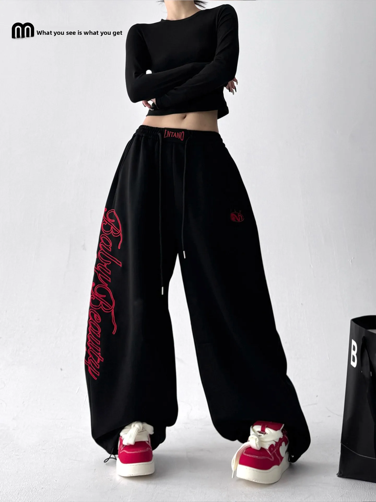 

Ретро-брюки с вышивкой и надписями, свободные повседневные брюки для женщин, осенне-весенне-летние модные брюки с высокой талией и широкими штанинами