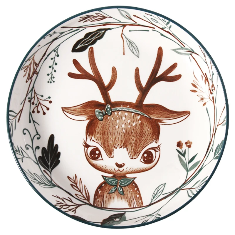 Nordic Ceramic Hand-Painted Glazed Color Plate Bowl Cartoon Deer Household Anti-Hot Baking Plate Forest Animal Tableware