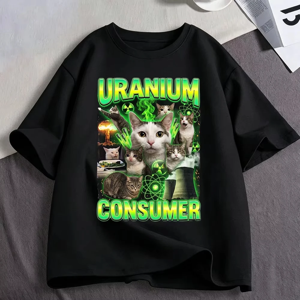 T-shirt humoristique avec motif de chat consommateur d'uranium, vêtements pour hommes et femmes, en coton, décontracté, surdimensionné, à manches courtes, streetwear