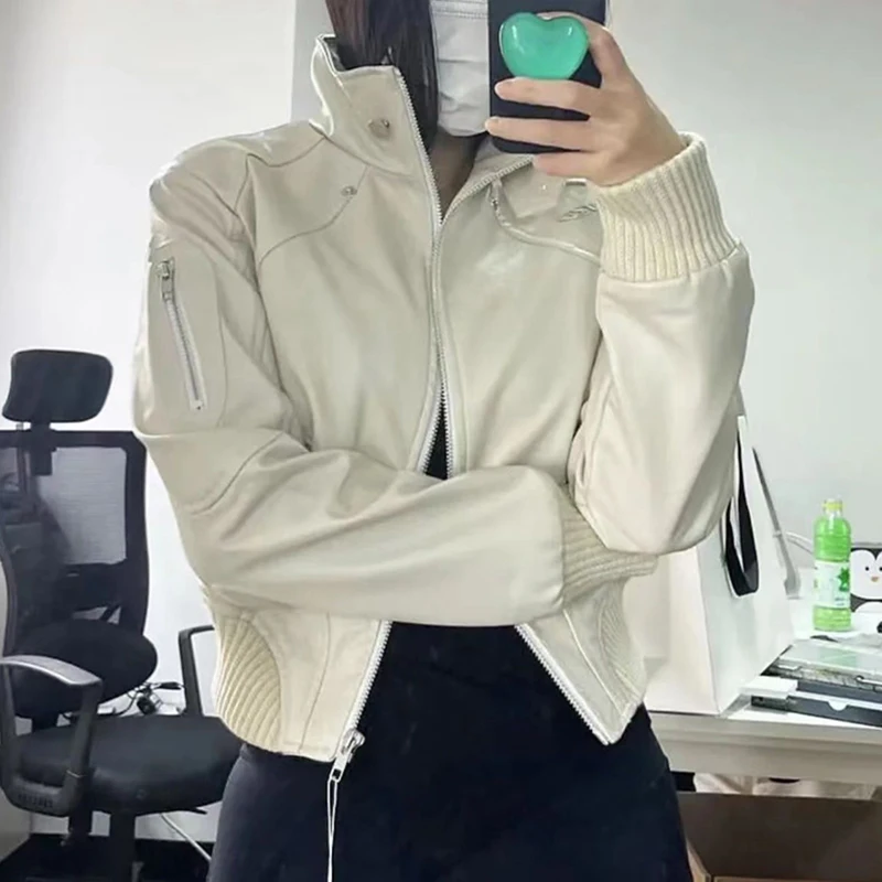 Giacca da donna vintage americana in pelle PU colletto alla coreana da motociclista capispalla a maniche lunghe Harajuku Y2K cappotto corto con zip punk sottile