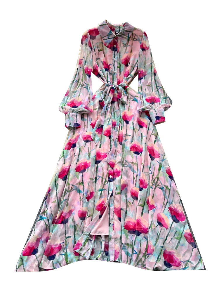 กระโปรงทรงเอเอวสูงลายดอกไม้พิมพ์ลาย Ele รุ่นใหม่ประจำฤดูใบไม้ร่วงปี 2025 กระดุมเดี่ยว ผ้าเดรสยาว ผูกเอว