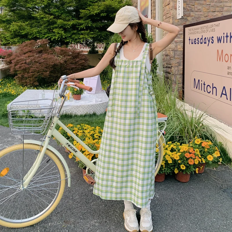 Shpmishal Light Green Age Reducing and Slimming Plaid Strap Dress for Women's Summer New Gentle Long Dresses Female Clothing