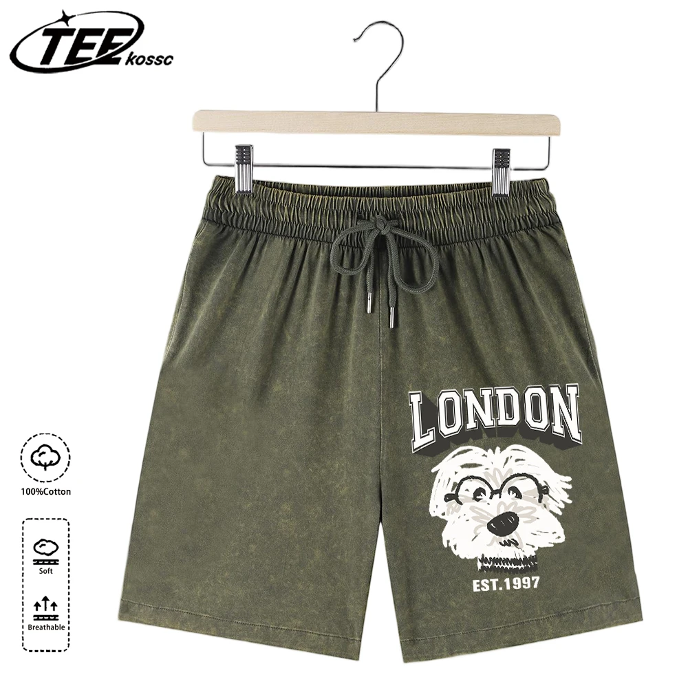 

London Letter And Puppy Prints Mens Summer Cotton Washed Bottom Beach Simple Vacation Sportpants Retro Office Shorts Unisex