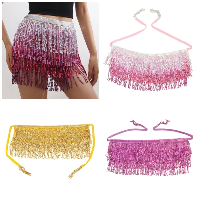 

Women Belly Dance Hip Skirt Changing Color Sequins Tassels Tiered Fringed Hip Scarf Waist Chain Skirt Party Club Festival Outfit