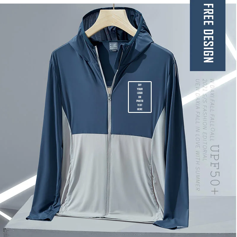 customized logo summer sun protection clothing Joker young thin men's long sleeve zipper color matching couple women hooded top