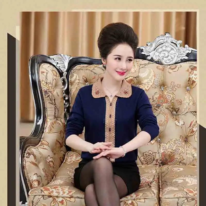 Women's Spring And Autumn Top Casual Loose Sweater Solid Color Long Sleeves Autumn Women's Diamond Knitted Lapel