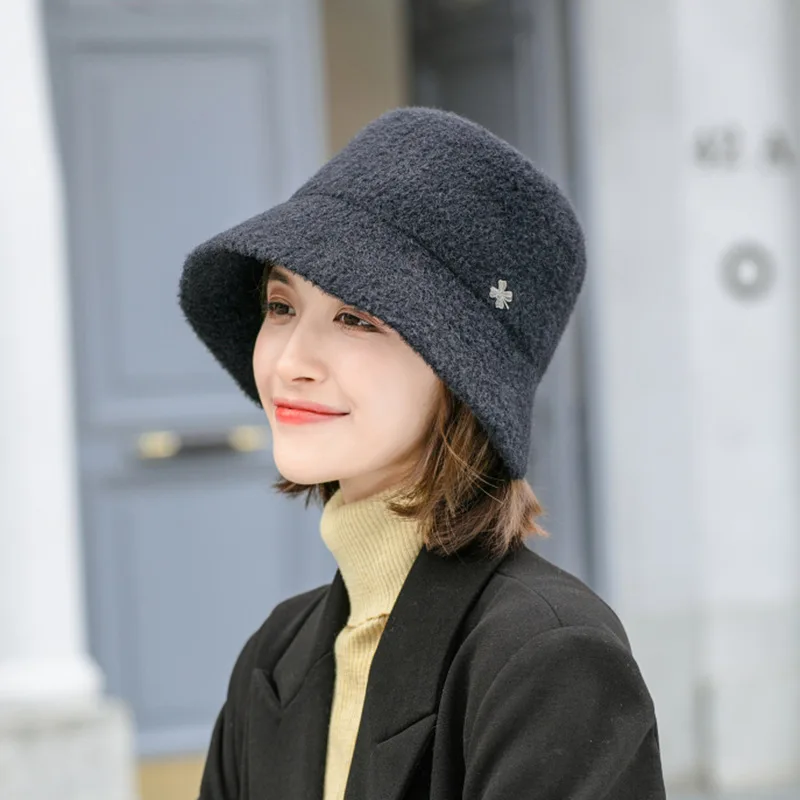 Wool Knitted Solid Color Fisherman Hat For Women In Autumn And Winter Bucket Hat For Warmth Versatile Woolen Basin Hat