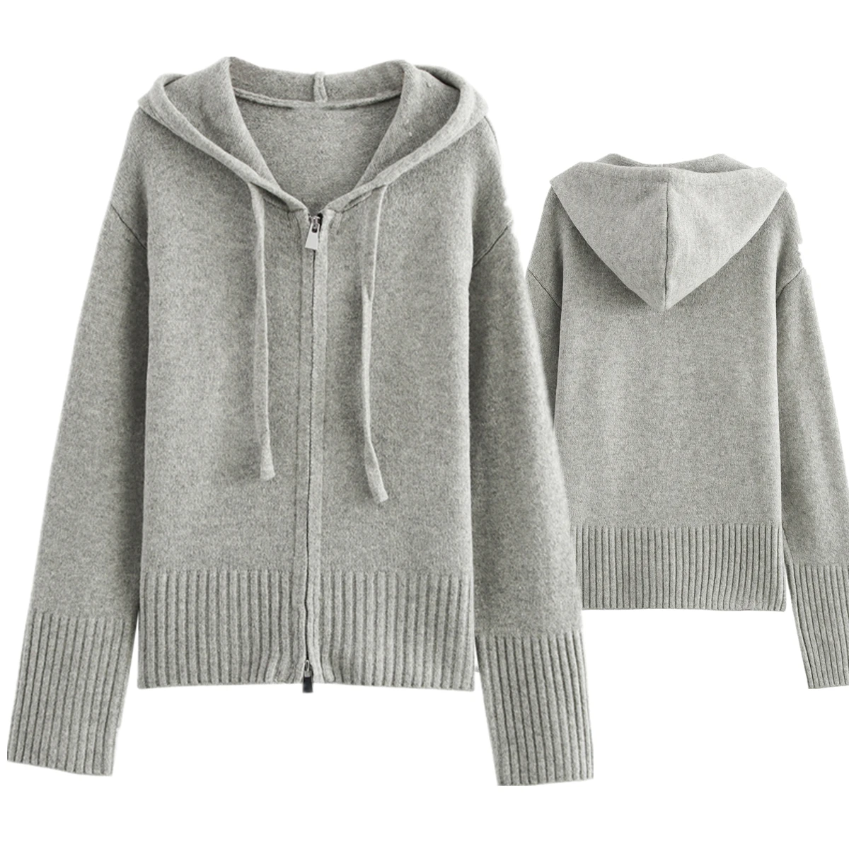 

Withered Nordic Minimalist Grey Hooded Knitted Sweater With Zipper Long Sleeved Jacket Coat Women Tops Sweatshirt