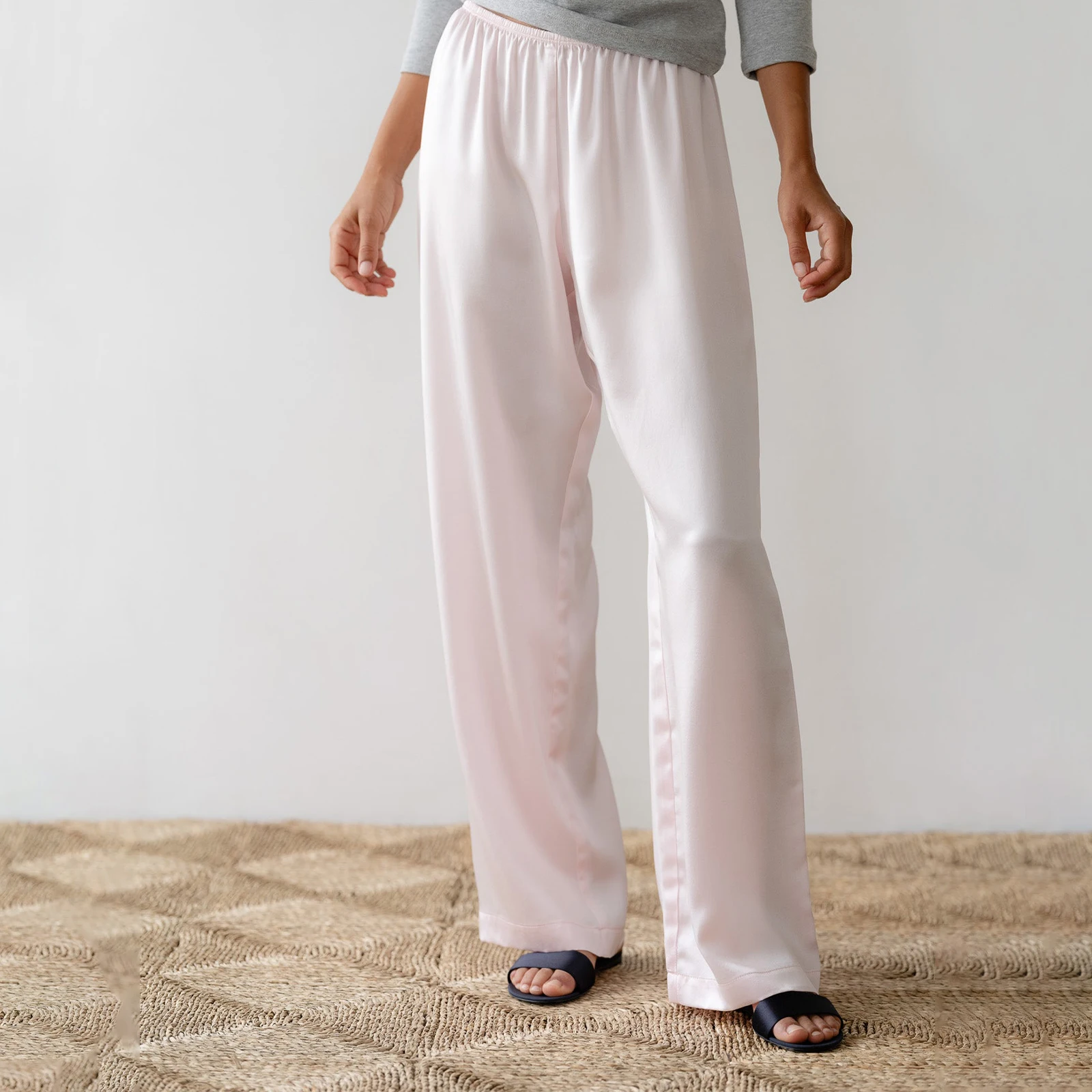 Womens Solid Silk Lounge Pants Elastic Waistband Wide Leg Casual Pull On Trousers