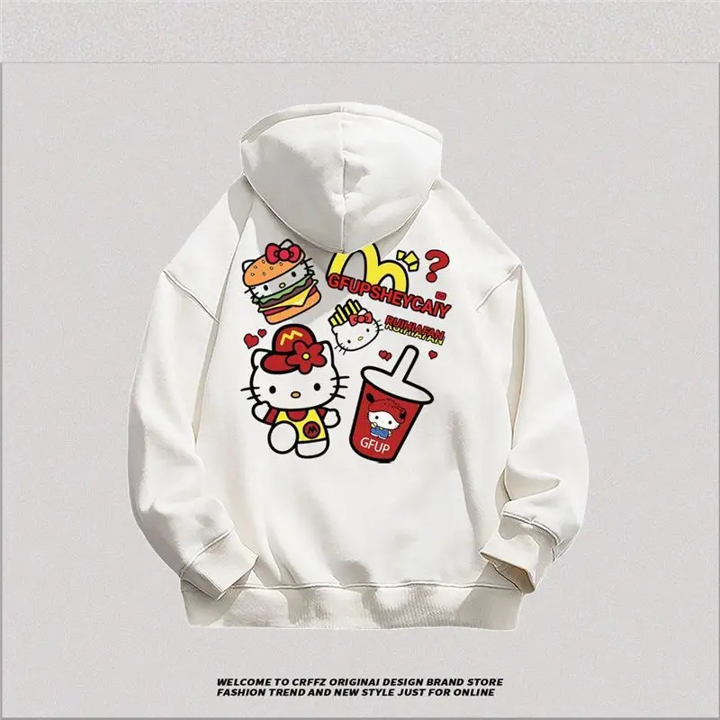 Sanrio Cartoon Hamburger Hello Kitty Hoodies Sweatshirts Anime Kawaii Men Women Autumn Winter Loose Casual Tops Gift