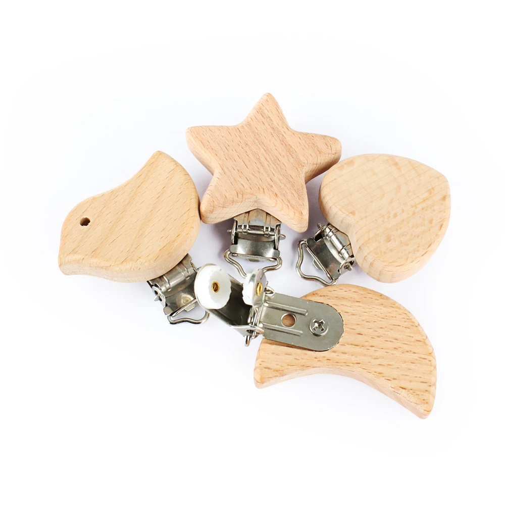 2pc Wooden Pacifier Clip Animal Heart Pattern DIY Baby Teether Chew Toys Natural Beech Wood Pacifier Chain Dummy Holder Clips