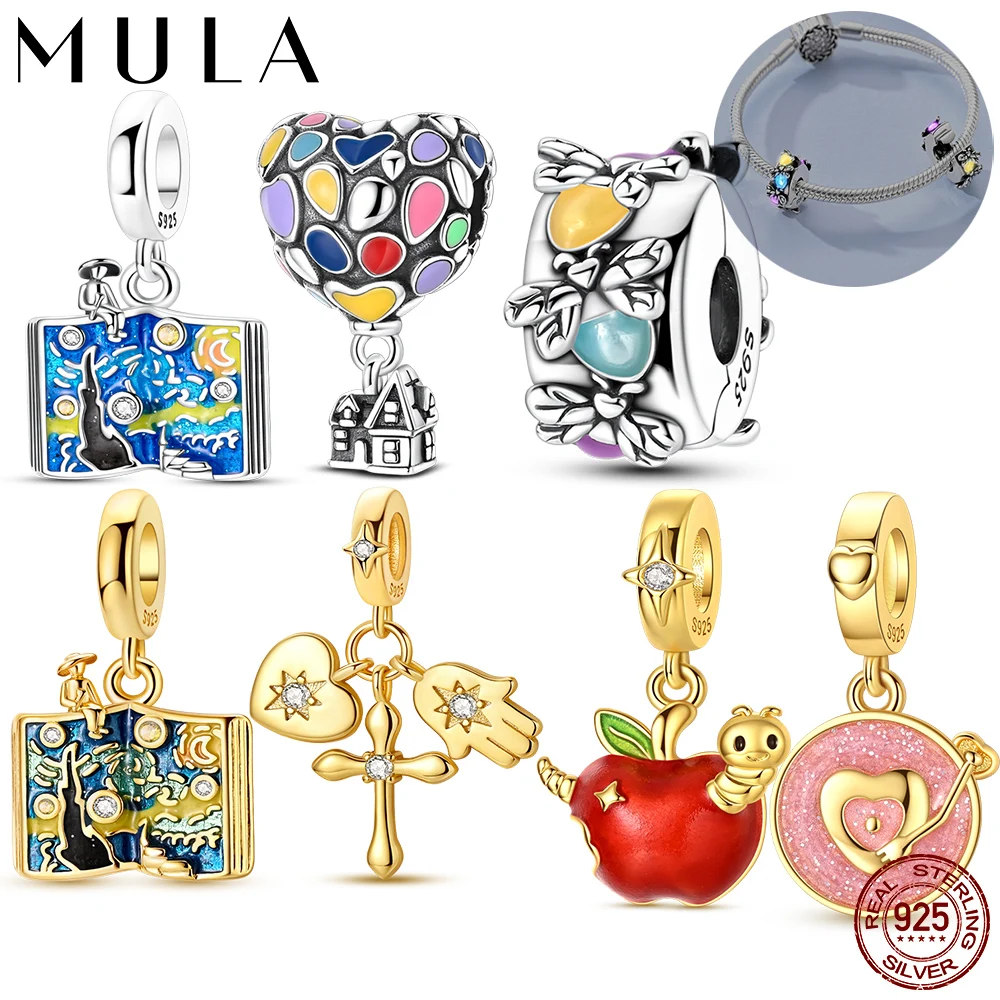 Mula 1 Stück 925 Sterling Silber Buch Stern Mond Nacht Charms Anhänger Passend für Original Armband DIY Feiner Schmuck für Frauen Schmuckherstellung Geschenk
