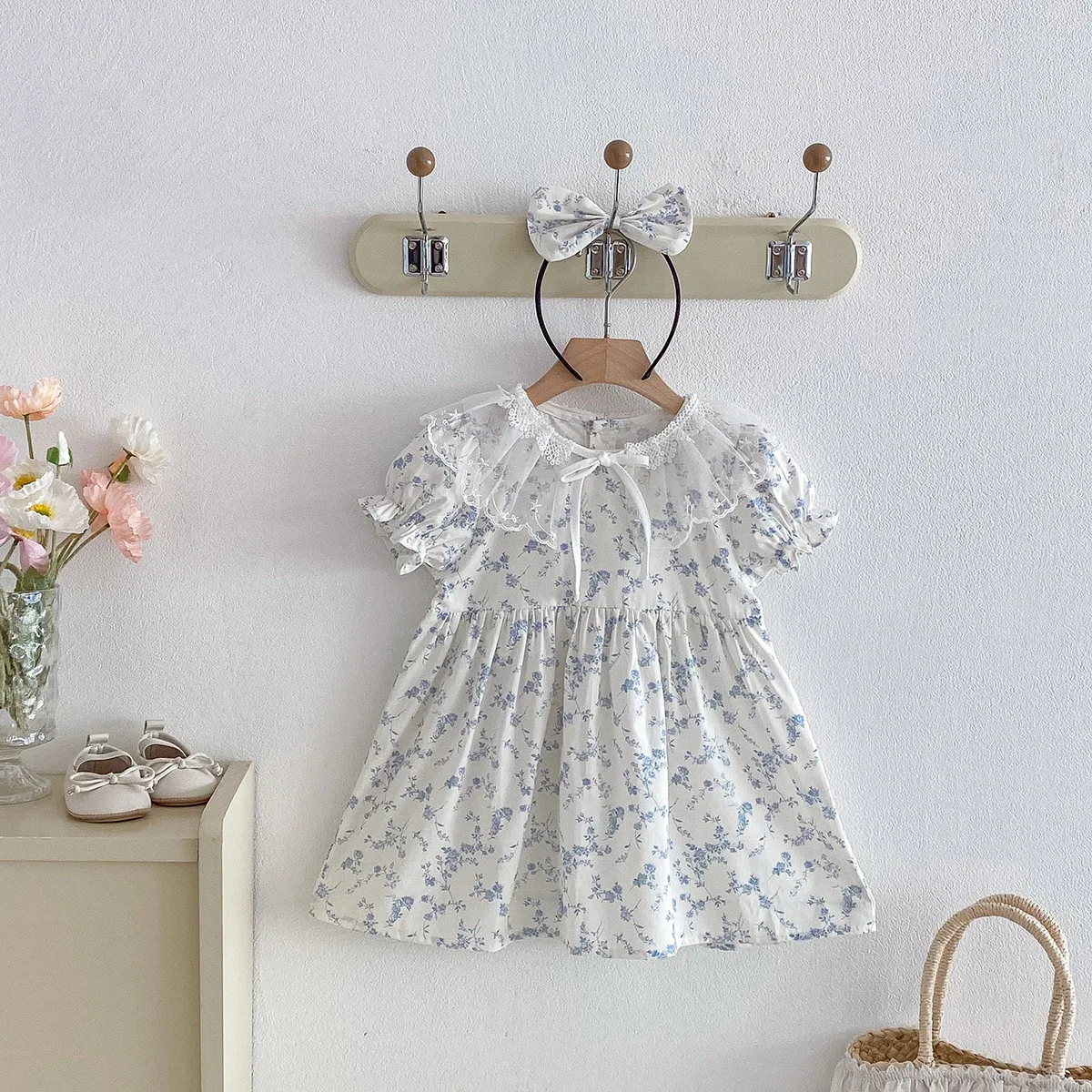 

2026 Summer Toddler Girls Floral Dress Lace Ruffle Collar Short Sleeve Sweet Princess Casual Party Dresses for Kids 2-10Y