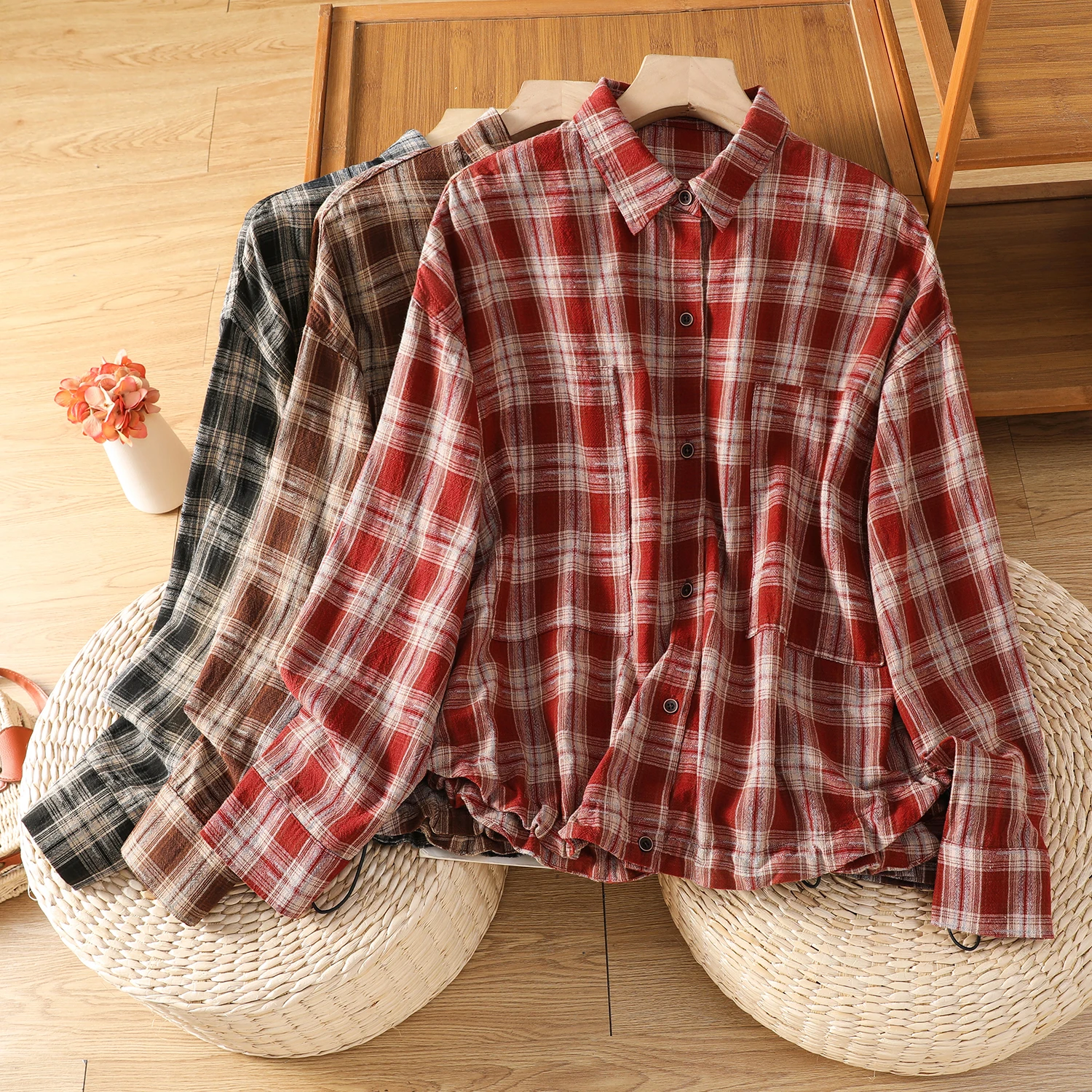 

Artistic Large Size Cotton Plaid Shirt Long Sleeve Turn-down Collar Spring Summer Outerwear Cardigan Women's Moisture Wicking