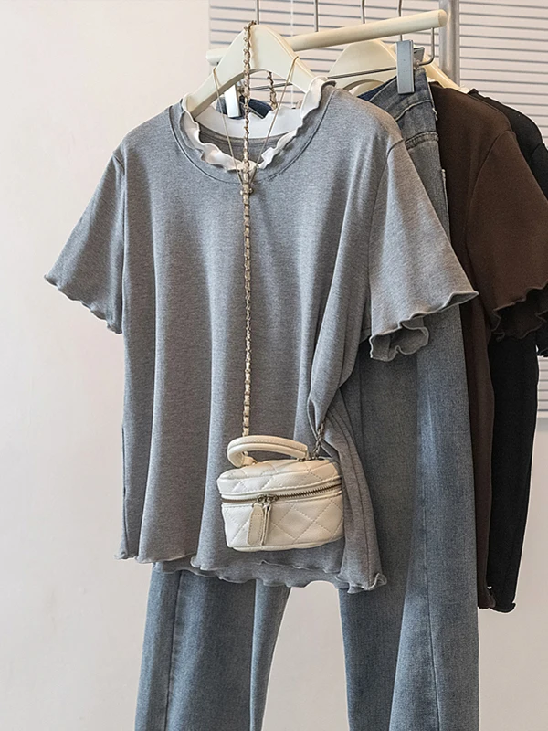 

ay Wooden ort Sve T-irt Women's Spring Large Size Special Fake Two-Piece Top Korean Sle Loose Fit Commute